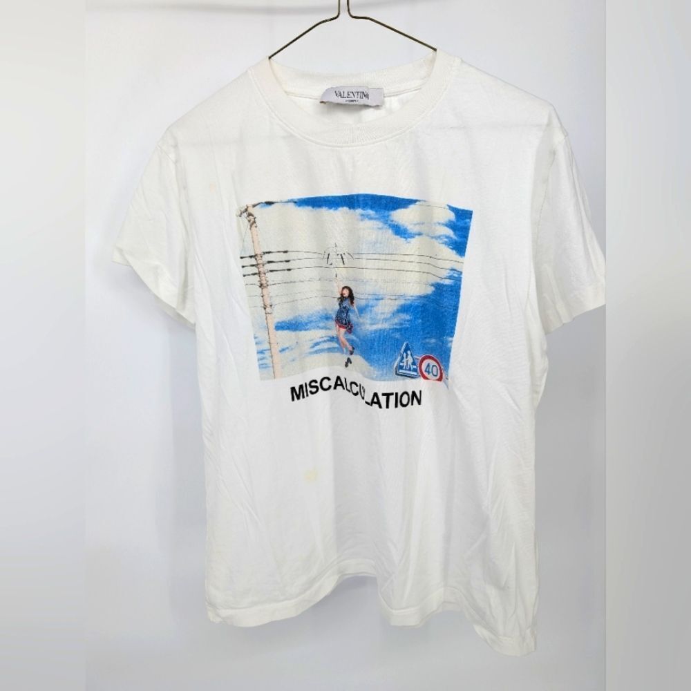 Valentino White and Blue Short Sleeve Tee with Graphic Print